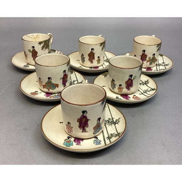 Set Of 6 Vintage Satsuma Japanese Porcelain Cups & Saucers - Picture 1 of 16